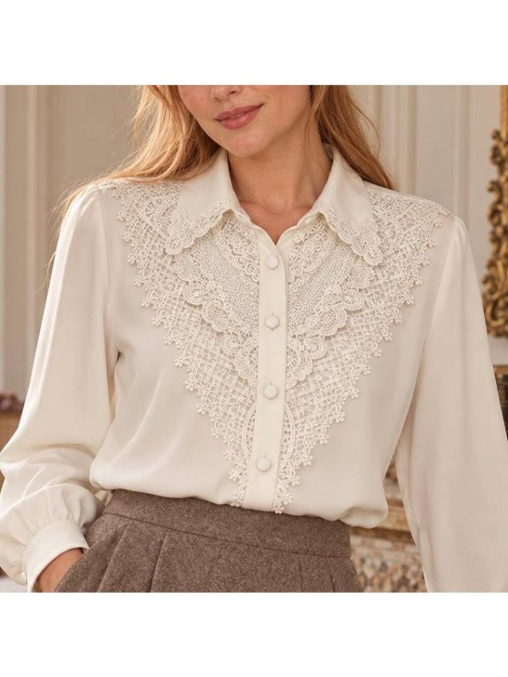 Vintage Laura Scott Ivory Lace Blouse, Pearl Floral Beading